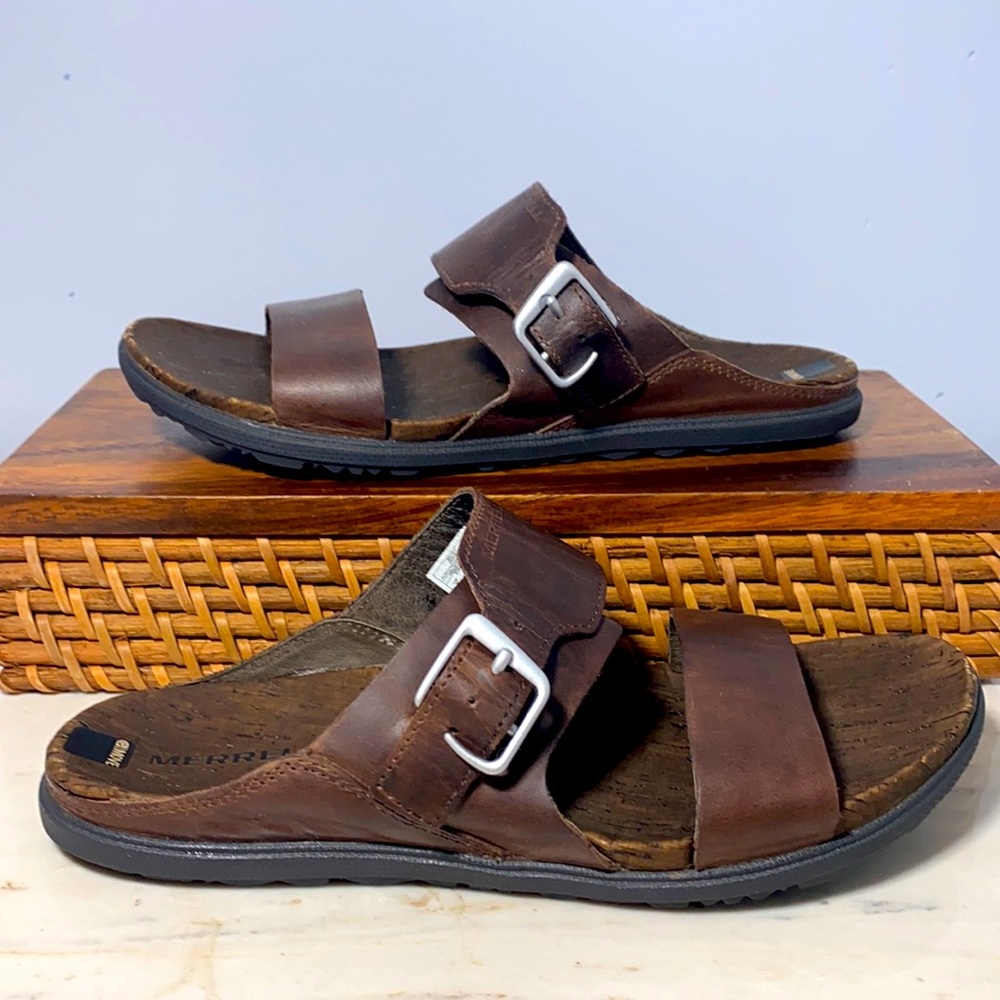 Merrell Move Select Brown Leather Slide Sandals 8